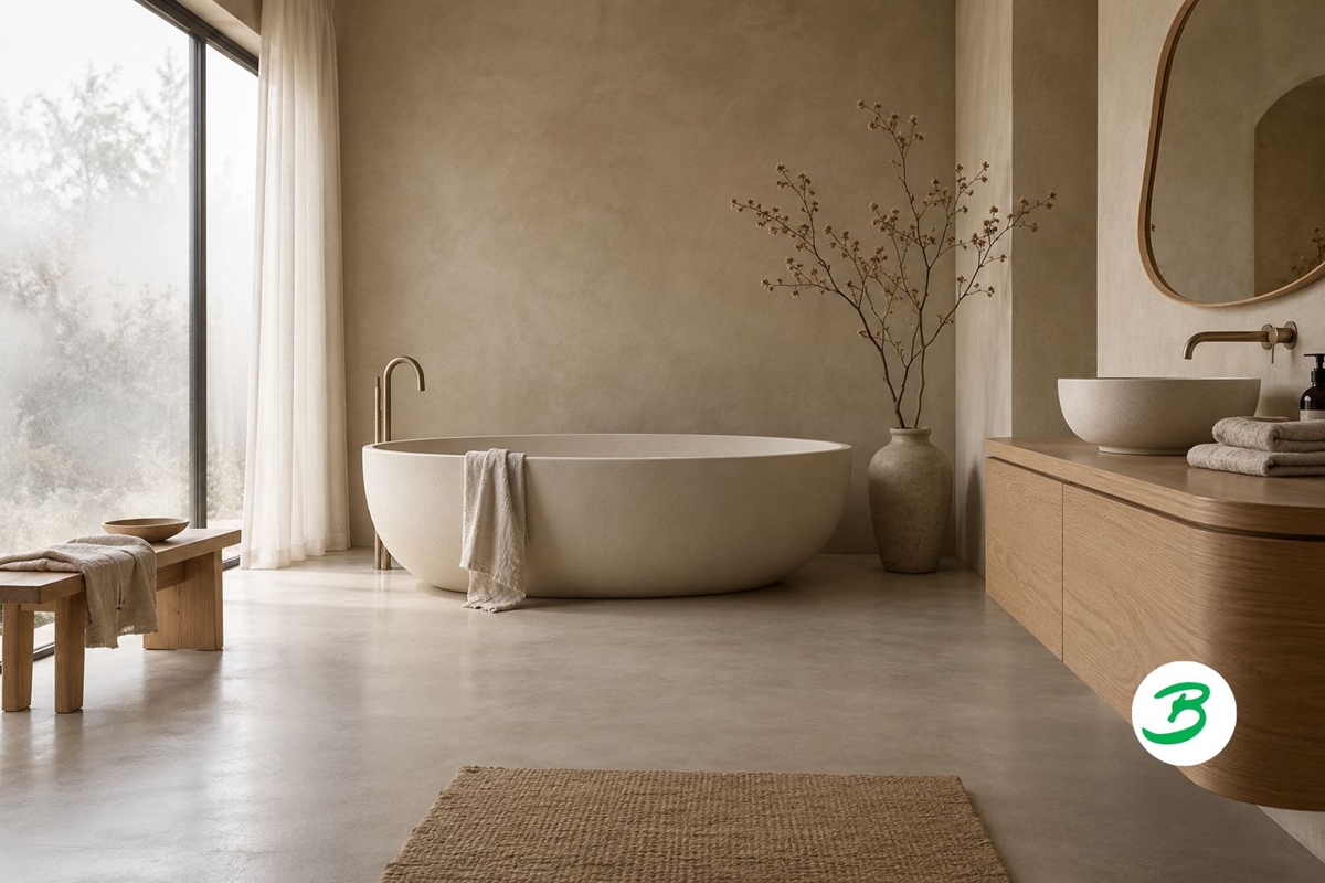salle de bain en béton ciré beige Japandi
